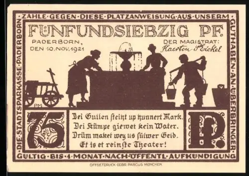 Notgeld Paderborn 1921, 75 Pf, Silhouette am Brunnen und Altstadtgasse mit Bäumen