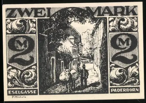 Notgeld Paderborn 1921, 2 Mark, Eselgasse mit Esel und Trägern, Esel mit Gedicht