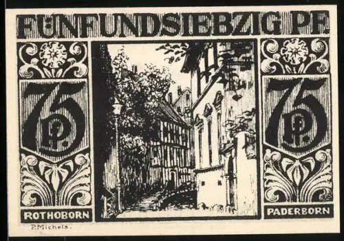 Notgeld Paderborn 1921, 75 Pf, Ortsansicht und Silhouetten mit Brunnen