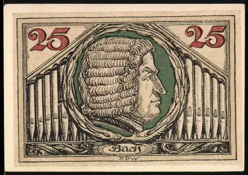 Notgeld Arnstadt 1921, 25 Pfennig, Porträt von Bach und Orgelpfeifen, roter Adler