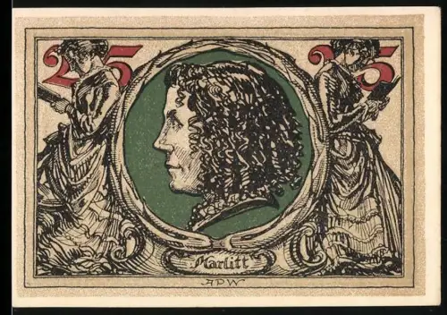 Notgeld Arnstadt 1921, 25 Pfennig, Porträt von Marlitt mit Adler und Frauenfiguren