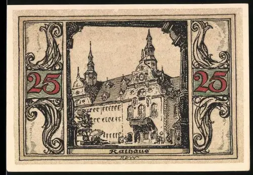 Notgeld Arnstadt 1921, 25 Pfennig, Rathaus und Wappen mit Adler