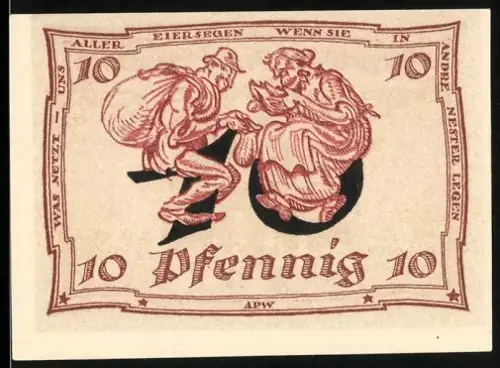 Notgeld Arnstadt 1921, 10 Pfennig, Mann mit Rucksack und Frau mit Henne