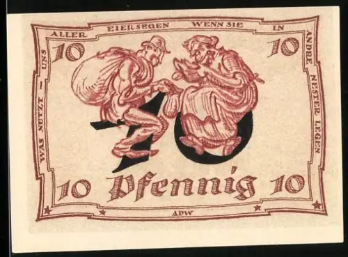 Notgeld Arnstadt 1921, 10 Pfennig, Humorvolle Szene, Wappen der Stadt