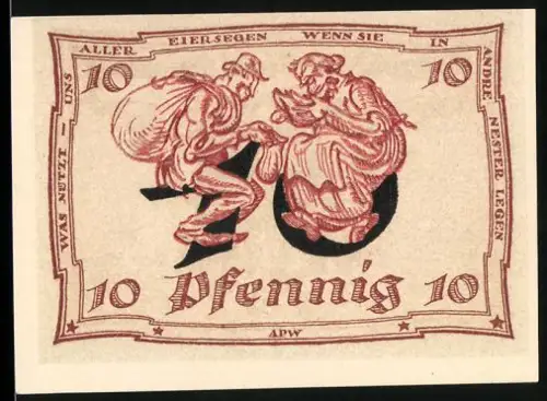 Notgeld Arnstadt 1921, 10 Pfennig, Mann und Frau mit Huhn, Wappen