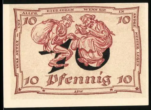 Notgeld Arnstadt 1921, 10 Pfennig, Frau und Mann mit Huhn, Wappen