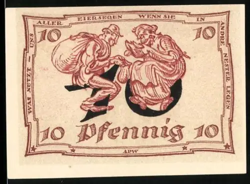 Notgeld Arnstadt 1921, 10 Pfennig, Mann und Frau mit Huhn und Ei, Adler