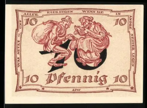 Notgeld Arnstadt 1921, 10 Pfennig, humoristische Szene mit Mann und Frau, Adler
