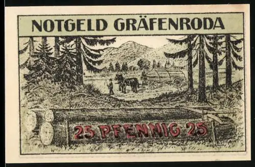 Notgeld Gräfenroda, 25 Pfennig, Holzfäller und Landschaft mit Bahntunnel