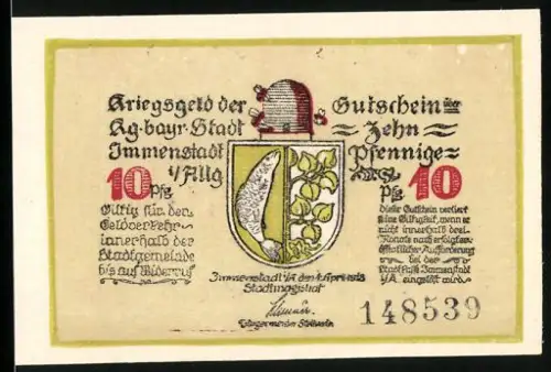 Notgeld Immenstadt i. Allgäu 1921, 10 Pfennig, Wappen und Krieger mit Schwert