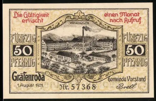 Notgeld Gräfenroda 1921, 50 Pfennig, Wilhelmshütte und Glasbläser bei der Arbeit