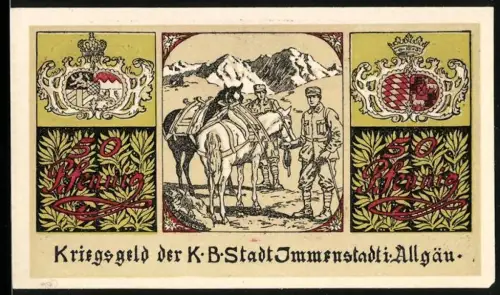 Notgeld Immenstadt i. Allgäu 1918, 50 Pfennig, Soldaten mit Maultier und Gebirge, Wappen