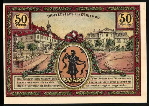 Notgeld Ilmenau 1921, 50 Pfennig, Marktplatzansicht und Turm auf dem Kickelhahn