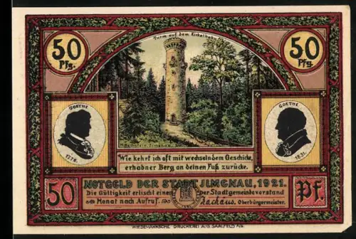 Notgeld Ilmenau 1921, 50 Pf, Goetheturm und Waldlandschaft mit Gedicht von Goethe