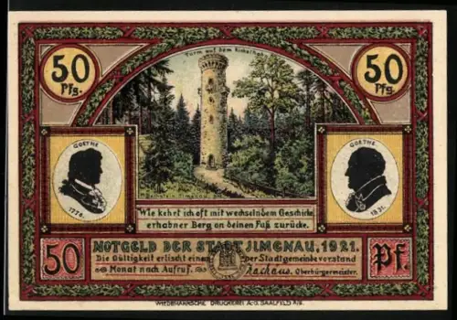 Notgeld Ilmenau 1921, 50 Pfennig, Turm am Kickelhahn und Iphigenie und Orest