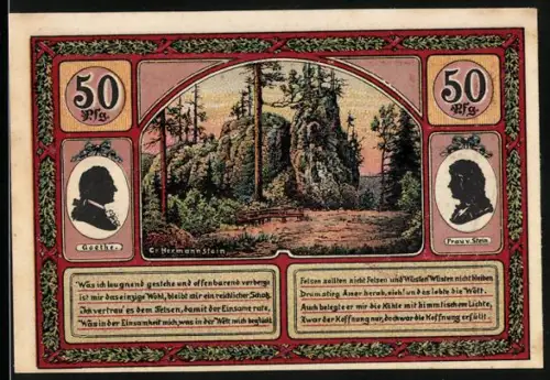 Notgeld Ilmenau 1921, 50 Pfennig, Goethe-Silhouetten und Turm auf dem Kickelhahn