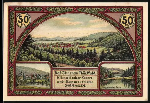 Notgeld Ilmenau /Thür.-Wald 1921, 50 Pf, Landschaftspanorama und Wintersportplatz mit Skifahrern