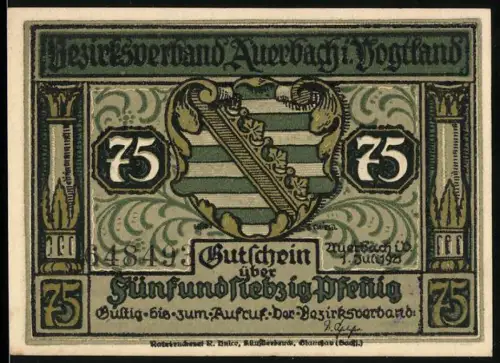 Notgeld Auerbach i. Vogtland, 75 Pfennig, Wappen und Silhouette eines Mannes bei Nacht