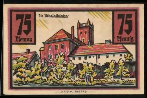 Notgeld Stolp i. Pommern, 75 Pfennig, die Nikolaikirche und Wappen mit Greif