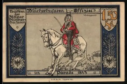 Notgeld Stolp i. Pom. 1921, 1,50 Mark, Blücherhusaren-Offizier und Skelett mit Spruchband