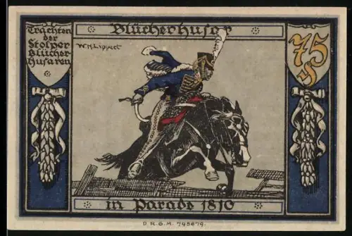 Notgeld Stolp i. Pom. 1916, 75 Pfennig, Husar zu Pferd und Skelett mit Sense