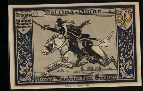 Notgeld Stolp i. Pom., 50 Pfennig, Husar auf Pferd und Skelett mit Sense und Spruchband