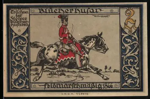 Notgeld Stolp i. Pom., 2 Mark, Husar auf Pferd und Skelett mit lateinischem Spruchband