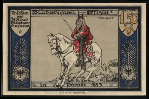 Notgeld Stolp i. Pom., 1.50 Mark, Blücher-Husaren-Offizier und Skelett mit Banner Vincere aut Mori