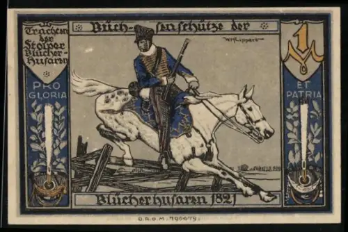 Notgeld Stolp i. Pom., 1 Mark, Blücher-Husare auf Pferd und Skelett mit Vincere Aut Mori-Spruch