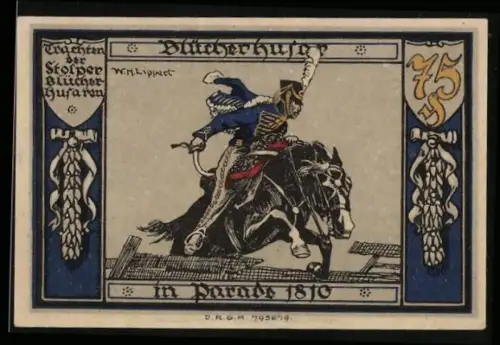 Notgeld Stolp i. Pom. 1910, 75 Pfennig, Husar auf Pferd und Skelett mit Sense