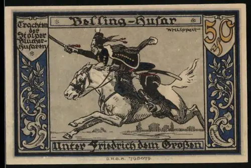 Notgeld Stolp i. Pom. 1921, 50 Pfennig, Belling-Husar und Skelett mit Sense