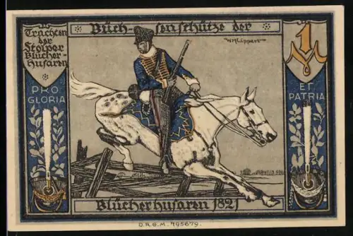 Notgeld Stolp i. Pom. 1921, 1 Mark, Blücherhusar auf Pferd und Skelett mit Sense im Wappen