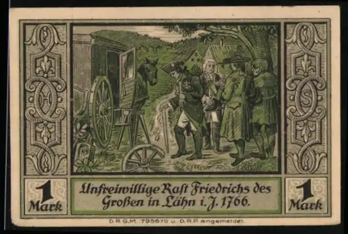 Notgeld Lähn i. Riesengeb., 1 Mark, unfreiwillige Rast Friedrichs des Grossen 1766