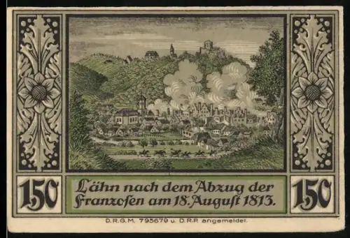 Notgeld Lähn i. Riesengebirge, 1,50 Mark, Ortsansicht nach Abzug der Franzosen 1813