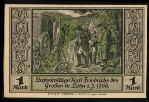 Notgeld Lähn i. Riesengebirge, 1 Mark, Friedrich der Grosse mit Kutsche und Baum im Ornamentrahmen