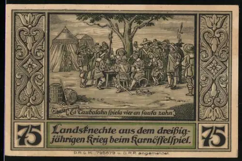Notgeld Lähn i. Riesengeb., 75 Pfennig, Landsknechte beim Kartenspiel und Wappen