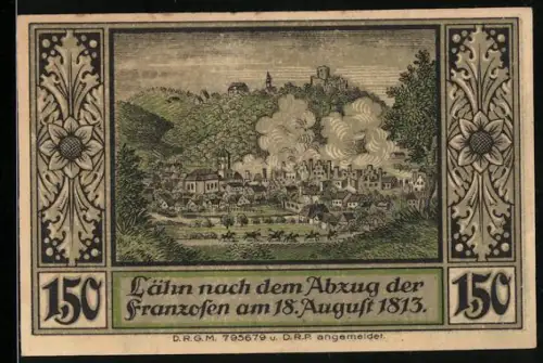 Notgeld Lähn i. Riesengeb., 1.50 Mark, Ortsansicht nach Abzug der Franzosen am 18. August 1813