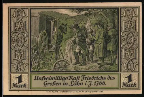 Notgeld Lähn i. Riesengebirge, 1 Mark, Friedrich der Grosse mit kaputter Kutsche
