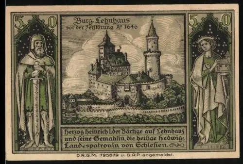 Notgeld Lähn im Riesengebirge, 50 Pfennig, Burg Lehnhaus und Herzog Heinrich der Bärtige