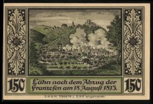 Notgeld Lähn i. Riesengeb., 1,50 Mark, Ortsansicht nach Abzug der Franzosen 1813, Baum und Verzierungen