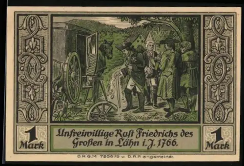 Notgeld Lähn i. Riesengeb., 1 Mark, Friedrich der Grosse trifft auf Reisende, 1766