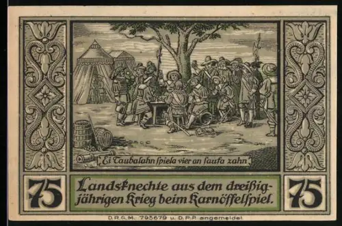 Notgeld Lähn i. Riesengeb., 75 Pfennig, Landsknechte im Dreissigjährigen Krieg beim Karnöffelspiel