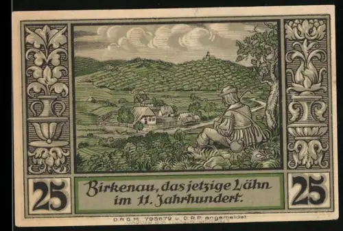 Notgeld Lähn i. Riesengebirge, 25 Pfennig, Dorflandschaft im 11. Jahrhundert