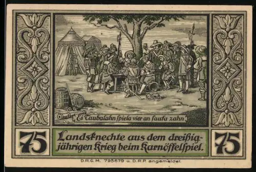 Notgeld Lähn i. Riesengeb., 75 Pfennig, Landsknechte beim Kartenspiel, Baum und Verzierungen