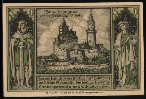Notgeld Lähn i. Riesengeb., 50 Pfennig, Burg Lehnhaus mit Herzog und Landespatronin Hedwig, Baum und Eichenlaub