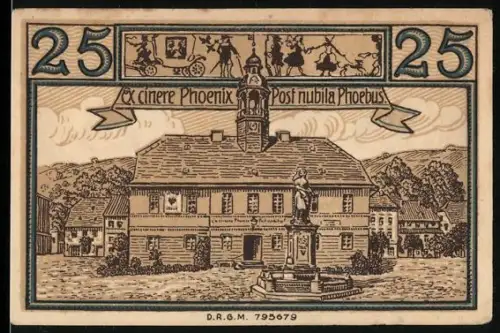 Notgeld Lähn i. Riesengebirge, 25 Pfennig, Rathaus und Allegorie mit Frau und Tauben