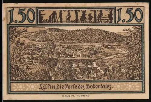 Notgeld Lähn i. Riesengebirge, 1.50 Mark, Landschaftspanorama und Frau mit Tauben