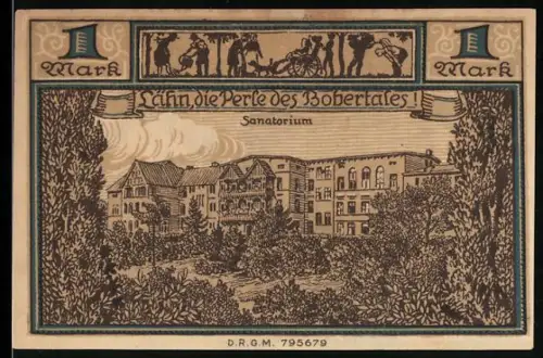 Notgeld Lähn i. Riesengebirge, 1 Mark, Sanatorium und allegorische Figur mit Trauben und Sichel