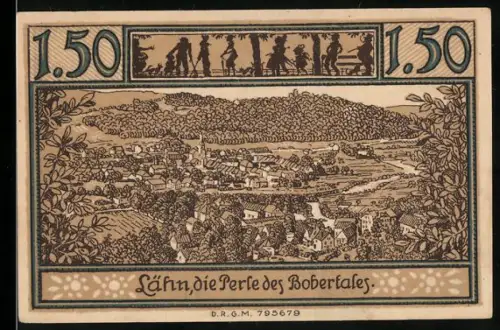 Notgeld Lähn i. Riesengebirge, 1.50 Mark, Landschaftsansicht und allegorische Figur mit Tauben