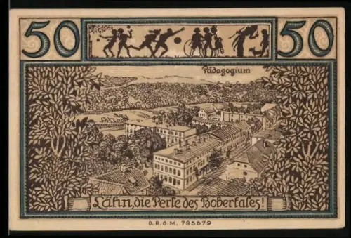 Notgeld Lähn /Riesengebirge, 50 Pfennig, Landschaft und historische Figur mit Tauben